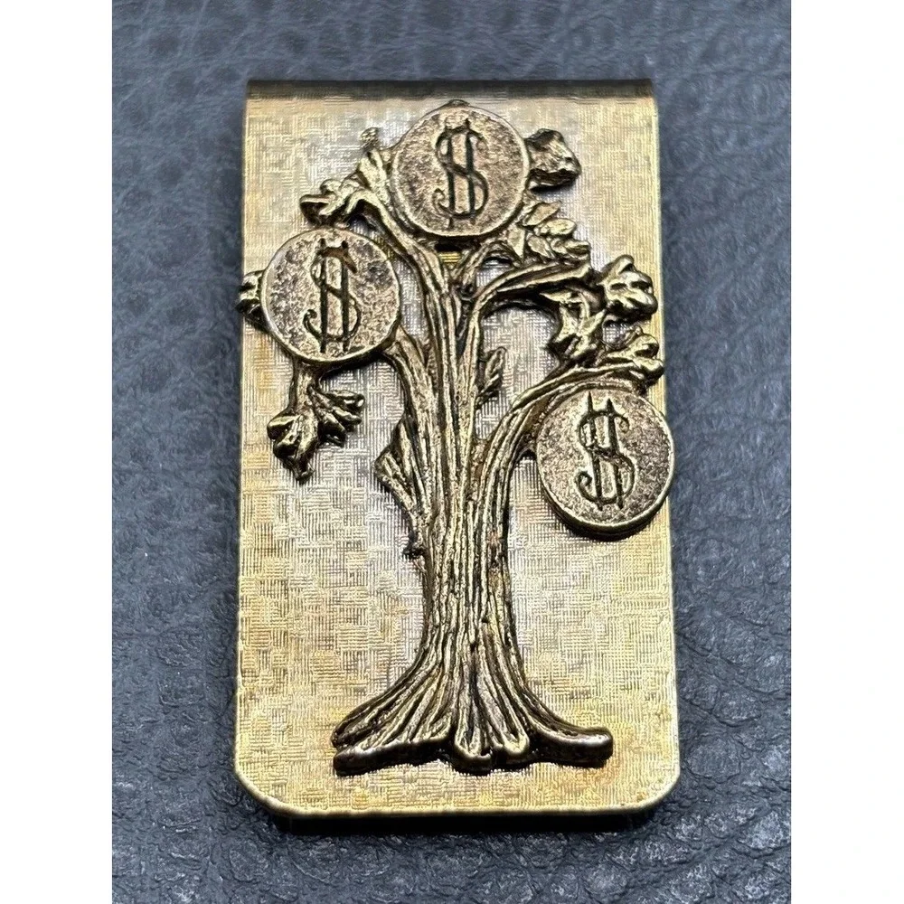 Vintage Money Tree Money Clip Dollar Sign Coins Design Gold Tone